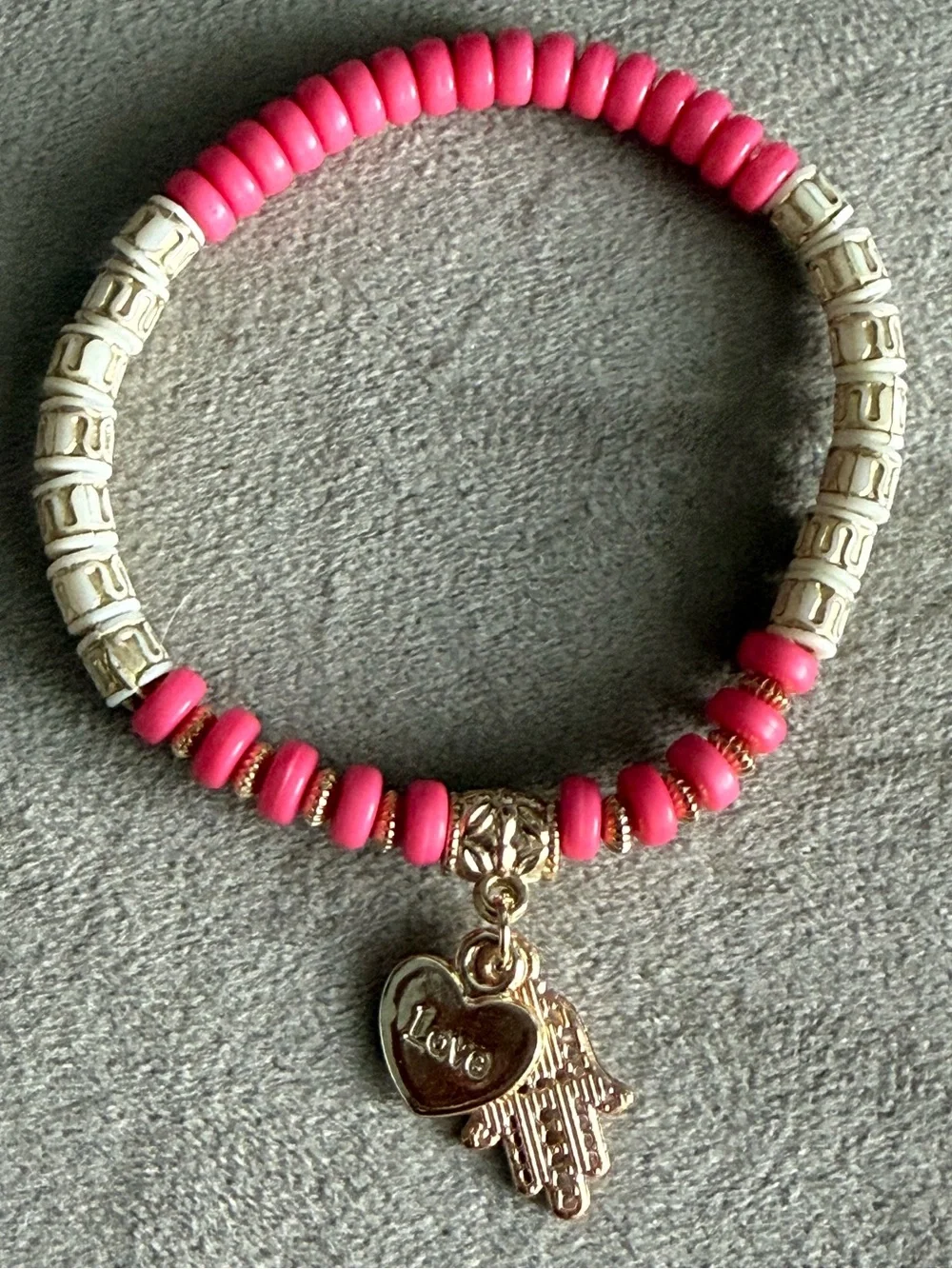 Pink Beaded Hamsa Charm Bracelet - Love Pendant